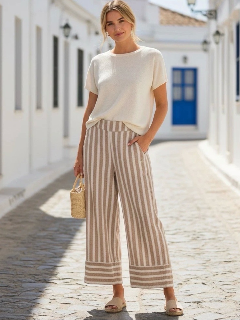 ROXY Women's Striped Wide Leg Crop Pants XS Brown White Pink Casual Beach Boho